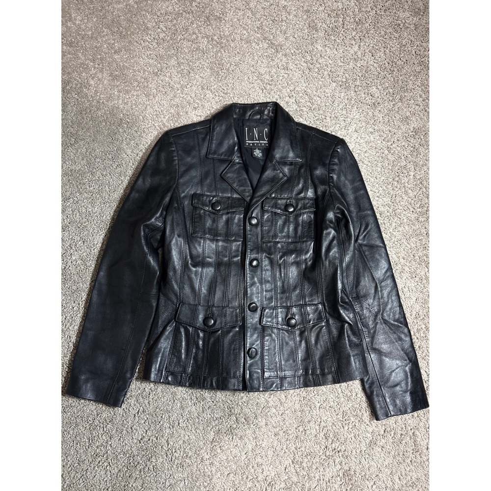 INC International Concepts Petite Black Leather Jacket Small Button Utility